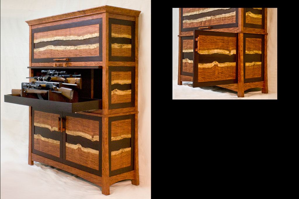 This bubinga and wenge gun cabinet used every bit of the beautiful bubinga slabs we cut if from. The light colored sapwood is usually waste, but we thought it should be featured and set off against the dark wenge. Guns slide out in presentation.