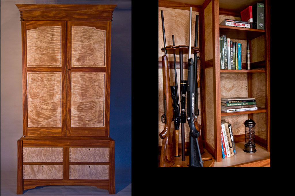 During the design and building of this gun cabinet for a client's daughter she asked if we could incorporate more than guns in the piece. Thus was born our first gun cabinet / bookcase / lingerie chest. The gun carousel is based on a musket barrel by a famous local gunsmith, Ed Rayl of Gassaway, WV.
