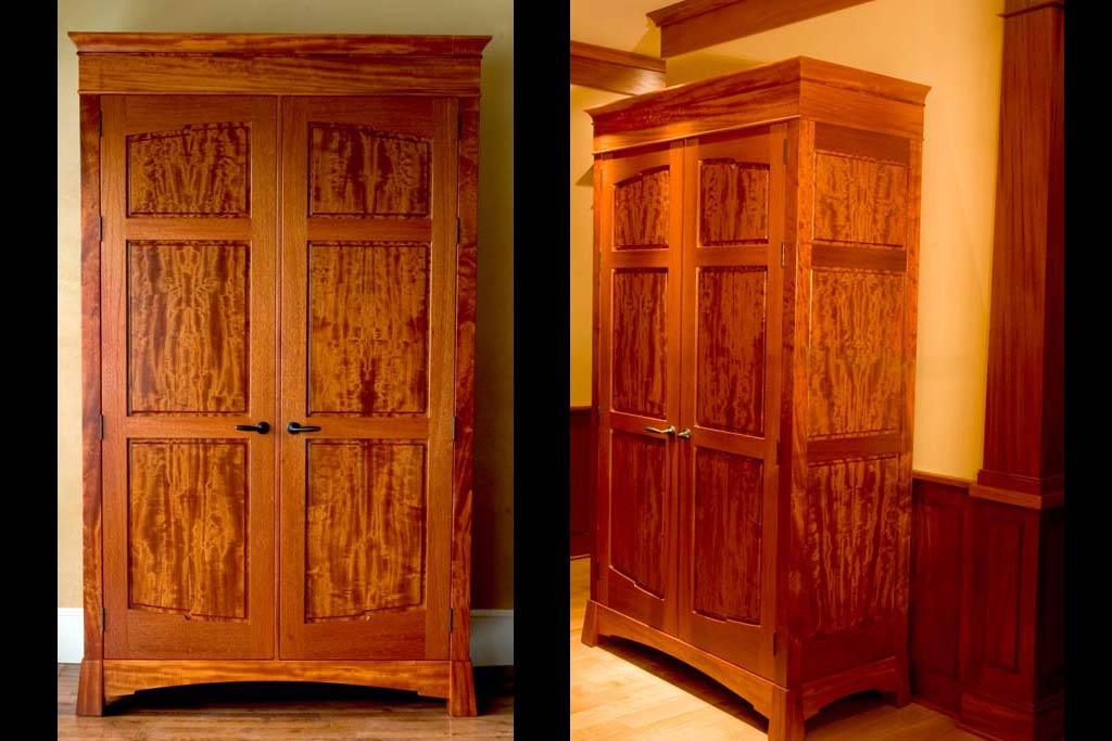 This armoire was made to serve as an entry coat closet, but could serve many functions. Inspired by a beautiful beeswing mahagony board we utilized for all the panels.